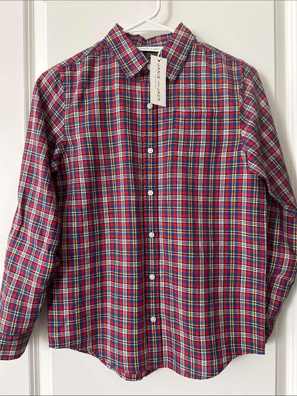 New Linen/Cotton Red Plaid Button Down Shirt, Size 12.